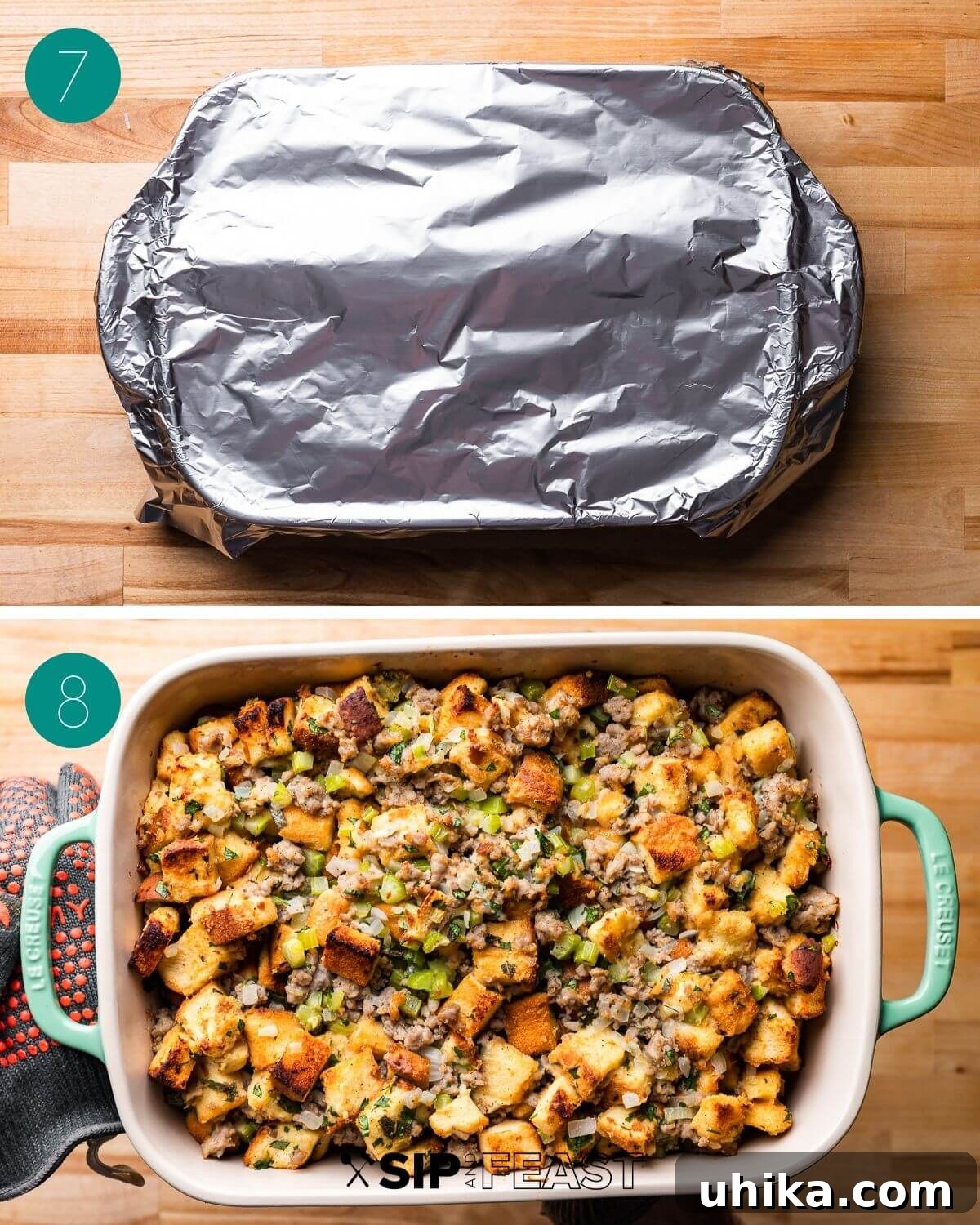 Parmesan-Infused Italian Sausage Stuffing 7 Recipe process shot collage group number four.