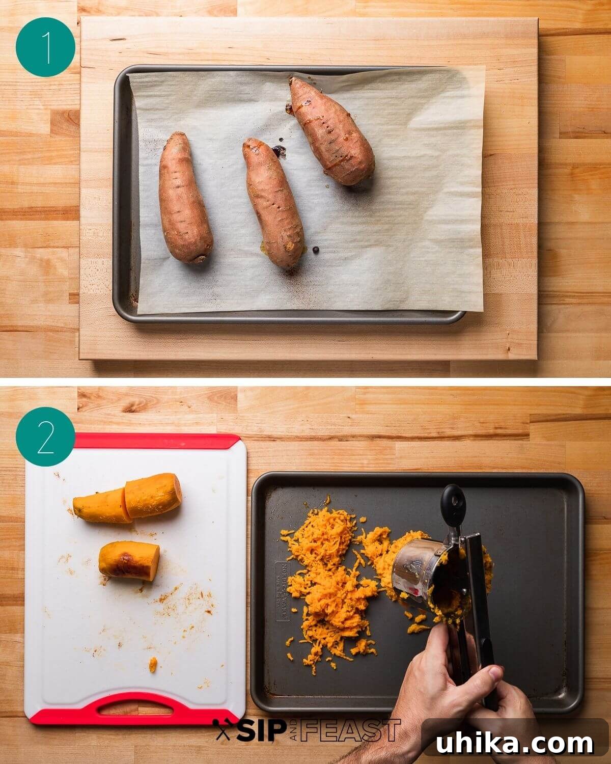 Maple Brown Butter Sweet Potato Gnocchi 4 Sweet potato gnocchi process collage showing 3 baked sweet potatoes and preparation for ricing.