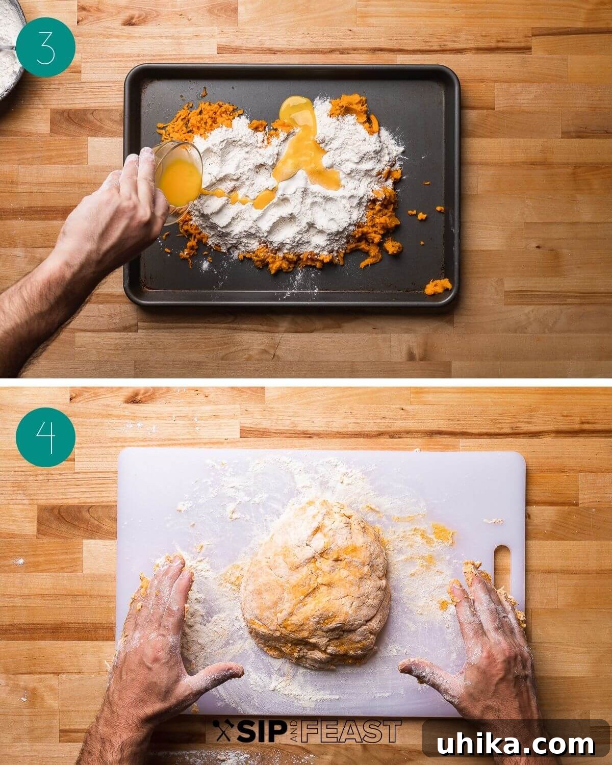 Maple Brown Butter Sweet Potato Gnocchi 5 Process collage group number 2 showing the mixture of sweet potato, flour, and egg, and a cohesive ball of dough ready for rolling.