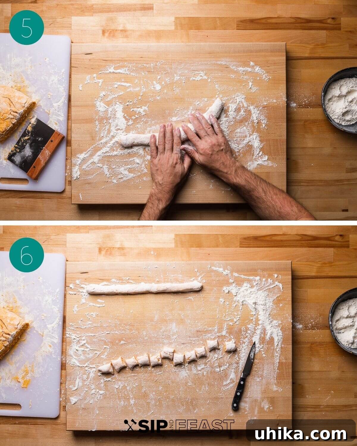 Maple Brown Butter Sweet Potato Gnocchi 6 Process collage group 3 showing hands rolling gnocchi into a rope, and a knife beside precisely cut gnocchi pieces.