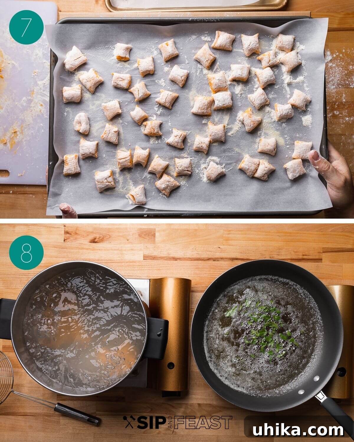 Maple Brown Butter Sweet Potato Gnocchi 7 Process shot collage group 4 showing floured gnocchi on parchment paper, alongside pots of boiling water and the start of the sage brown butter sauce.