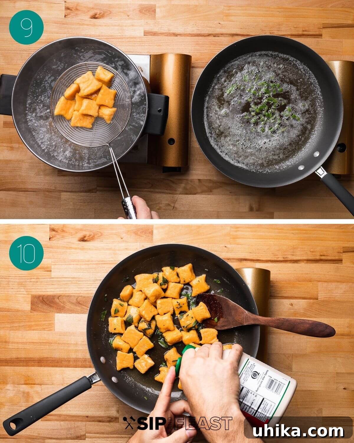 Maple Brown Butter Sweet Potato Gnocchi 8 Recipe process collage group 5 showing gnocchi being transferred from boiling water into butter sauce, and finished gnocchi in pan with maple syrup.