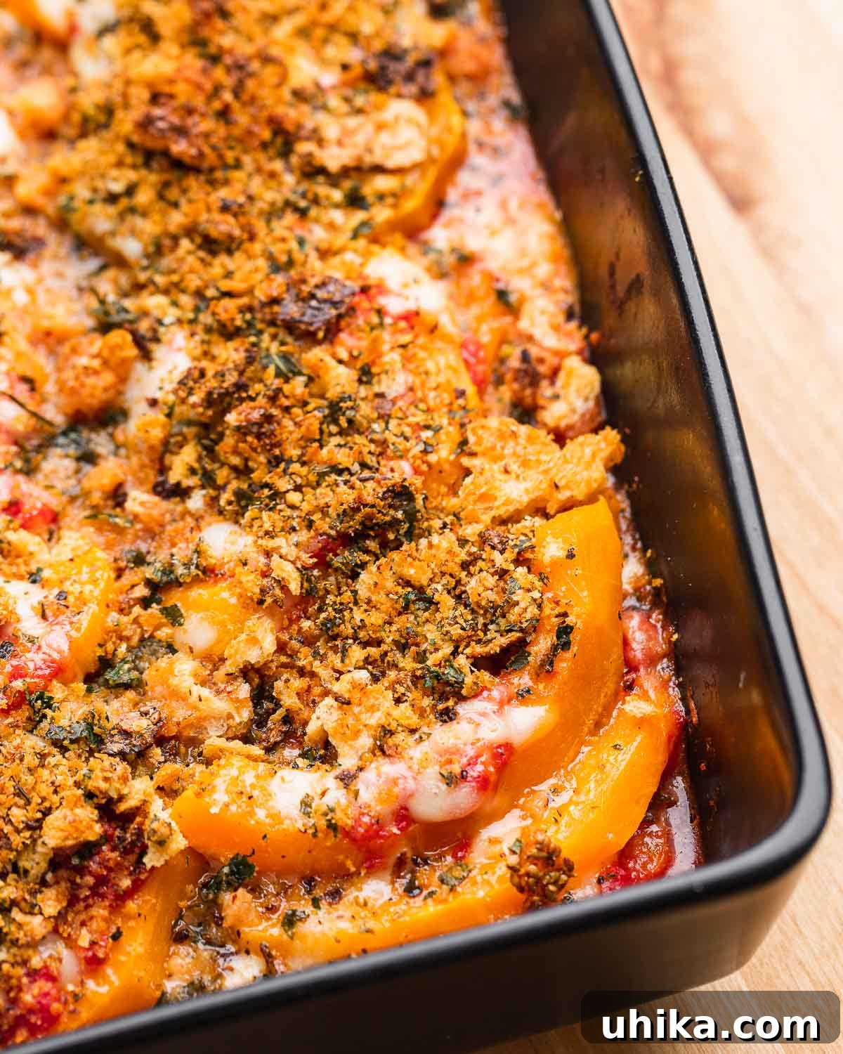 Autumn Squash Parmesan Bake 9 Butternut squash parmigiana in black baking dish.