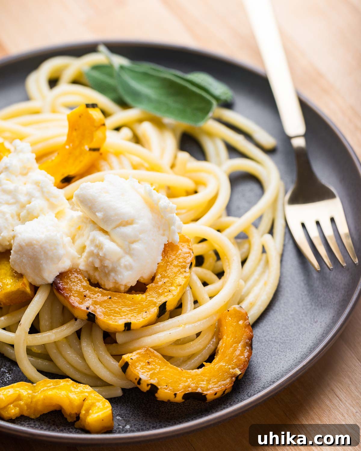 Grey plate with delicata squash bucatini and dollop of ricotta on top.