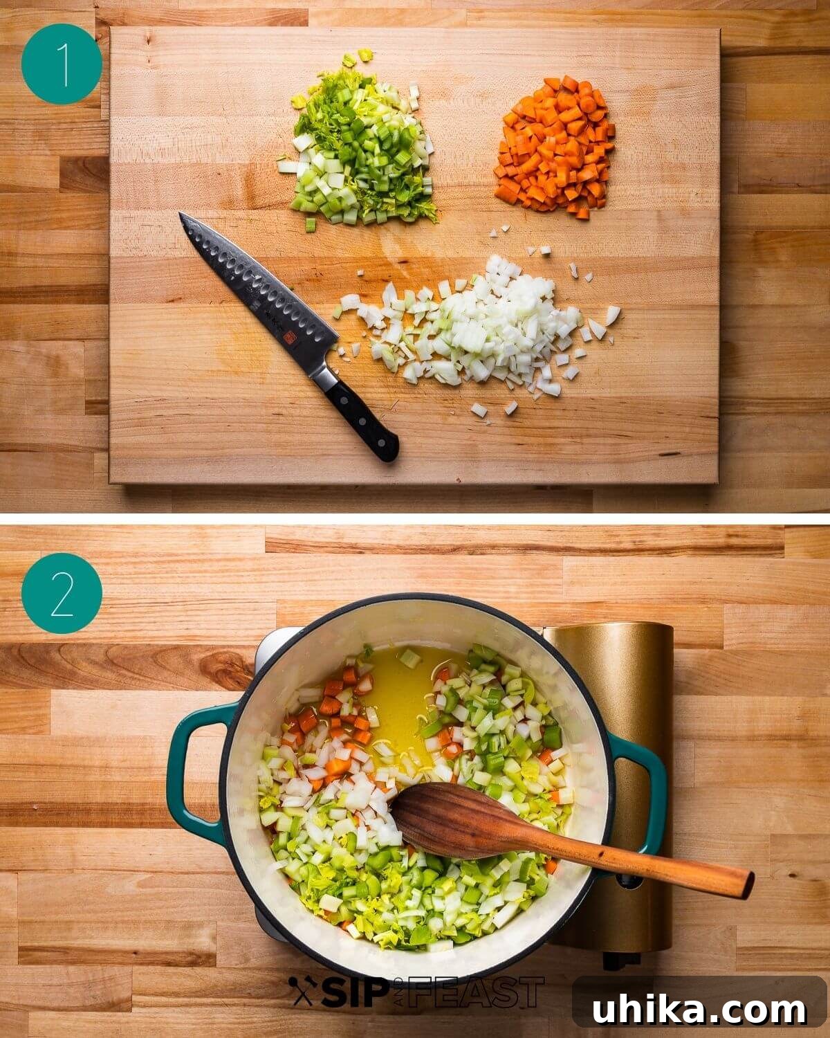 Hearty Italian Lentil Soup 3 Italian lentil soup recipe process shot collage group number one showing chopped carrots celery and onion simmering in a dutch oven.