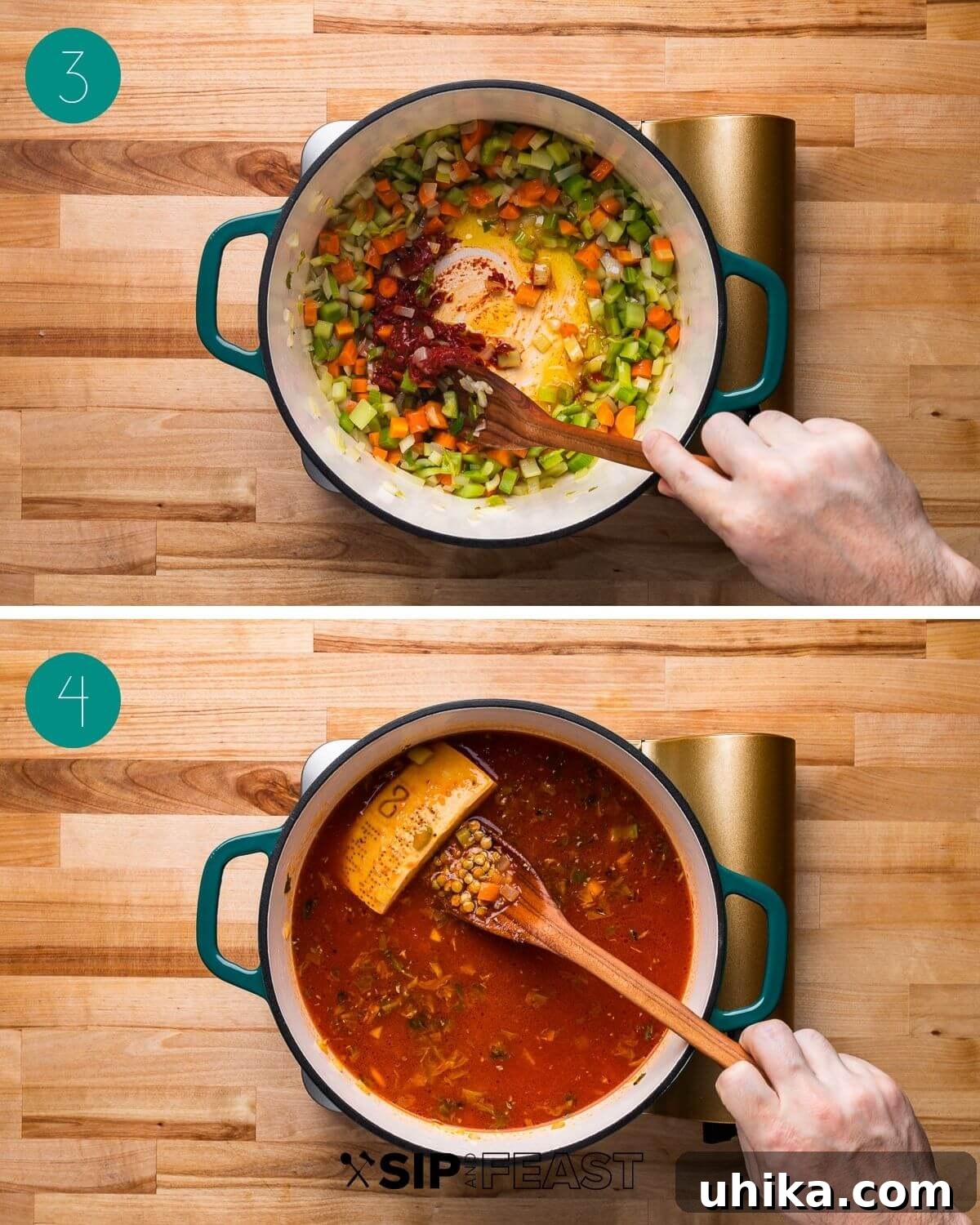 Hearty Italian Lentil Soup 4 Recipe process shot collage group number two showing tomato paste being added to the pot and parmesan rind being added to pot.