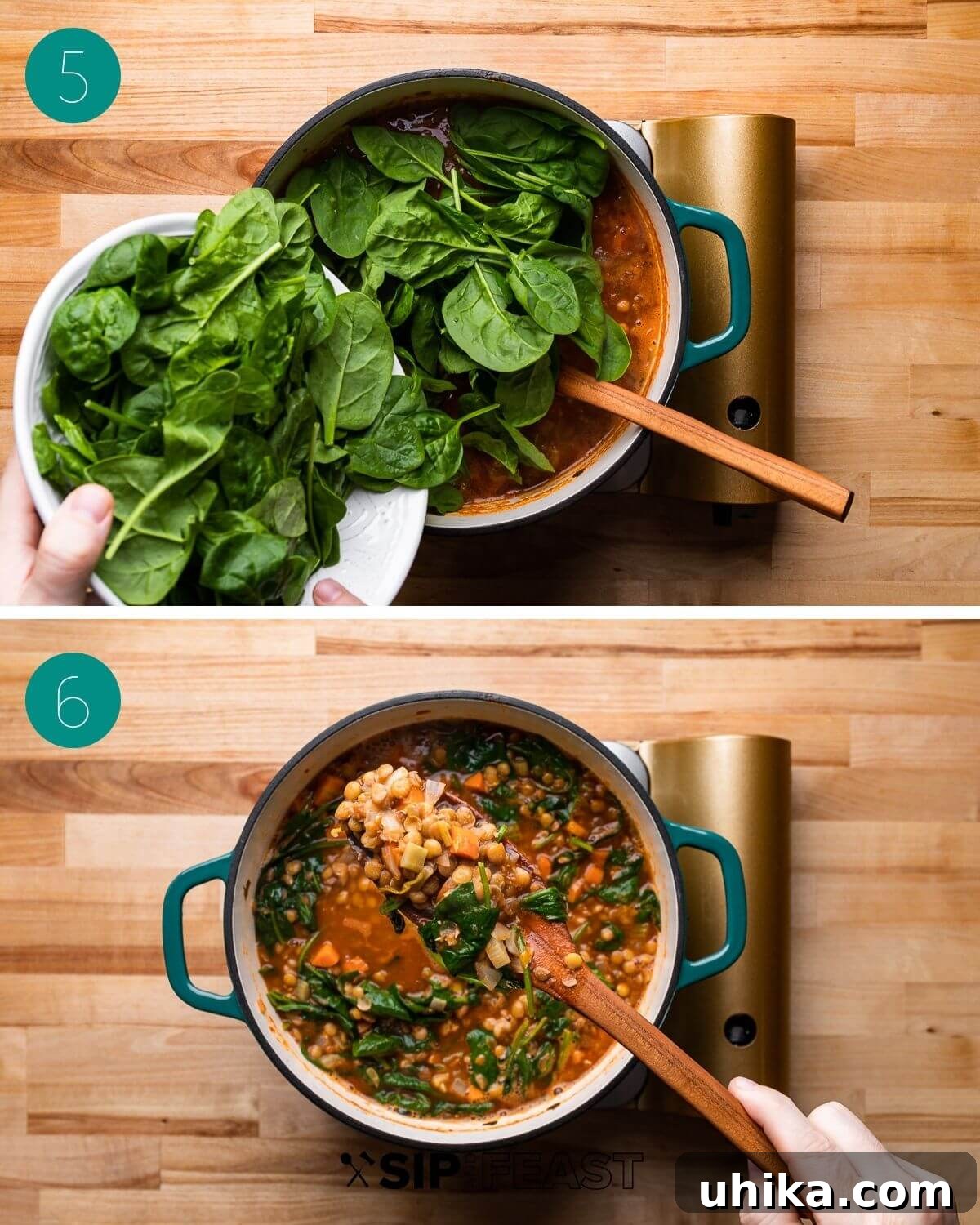 Hearty Italian Lentil Soup 5 Recipe process shot collage group number three showing spinach added to pot and finished soup with spinach..