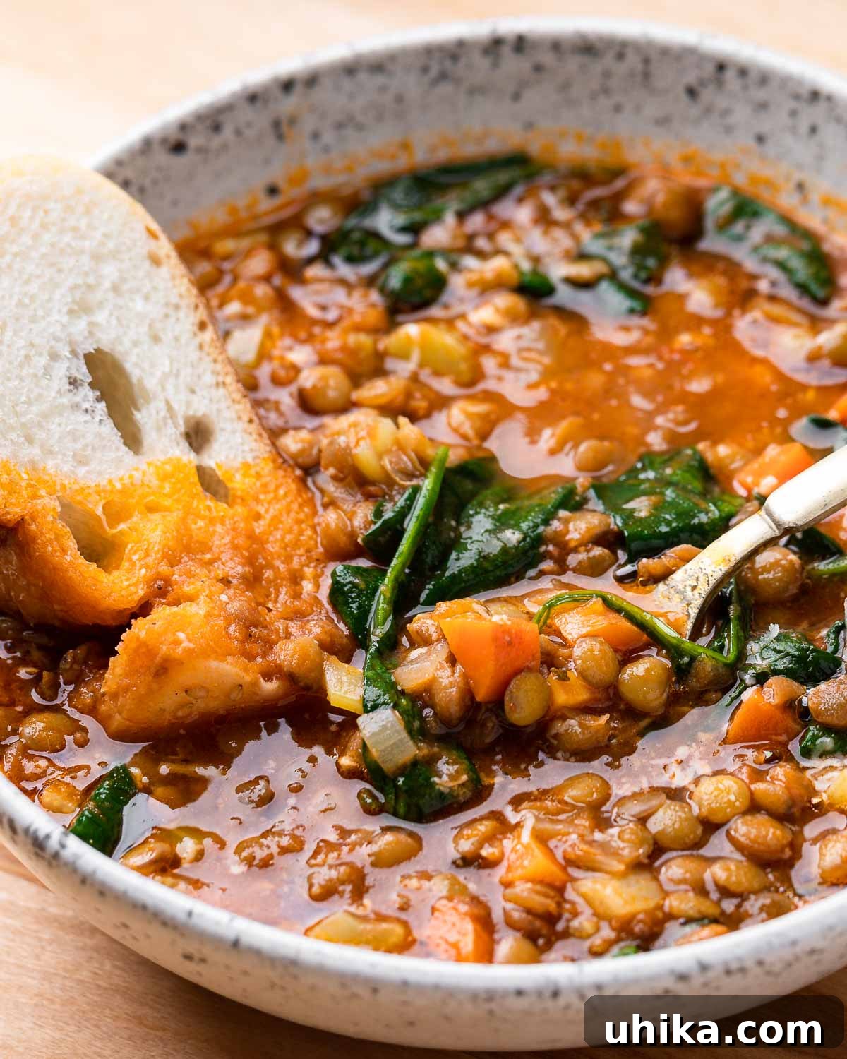 Hearty Italian Lentil Soup 6 White bowl with Italian lentil soup and piece of bread.
