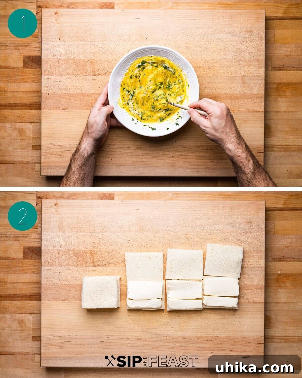 Golden Fried Mozzarella Toast 4 Collage of step-by-step images showing the first stage of making Mozzarella en Carrozza, including preparing the egg batter and slicing mozzarella.