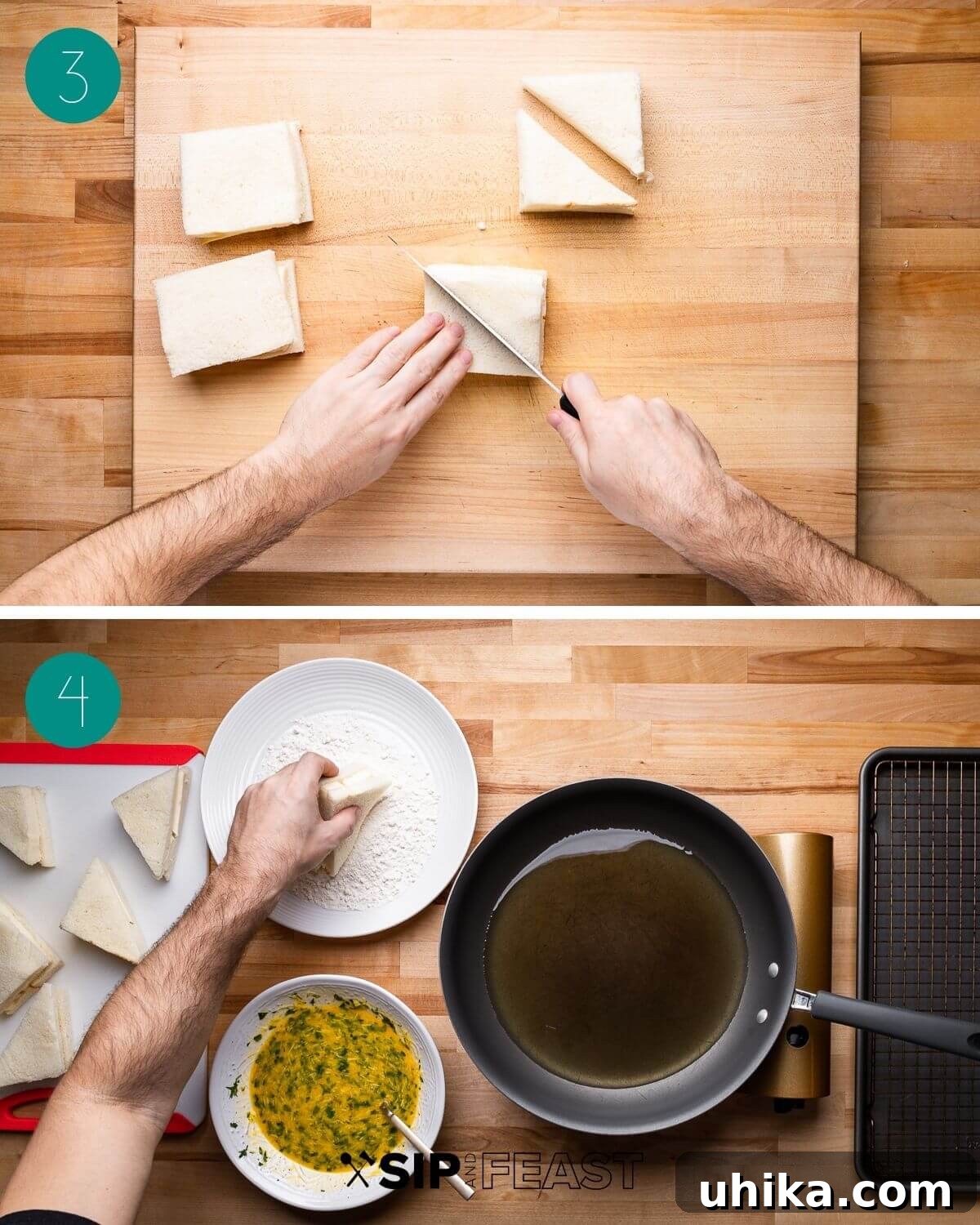 Golden Fried Mozzarella Toast 5 Collage of images detailing the second stage: trimming bread, layering mozzarella, and cutting sandwiches into triangles.