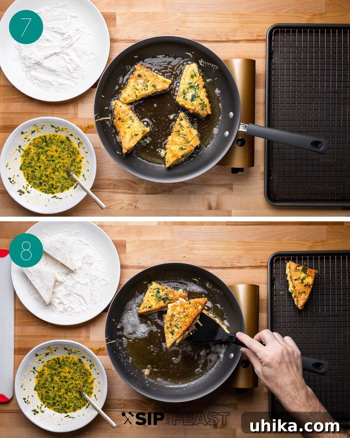 Golden Fried Mozzarella Toast 7 Collage displaying the final stage of cooking: frying the battered sandwiches until golden brown on both sides.