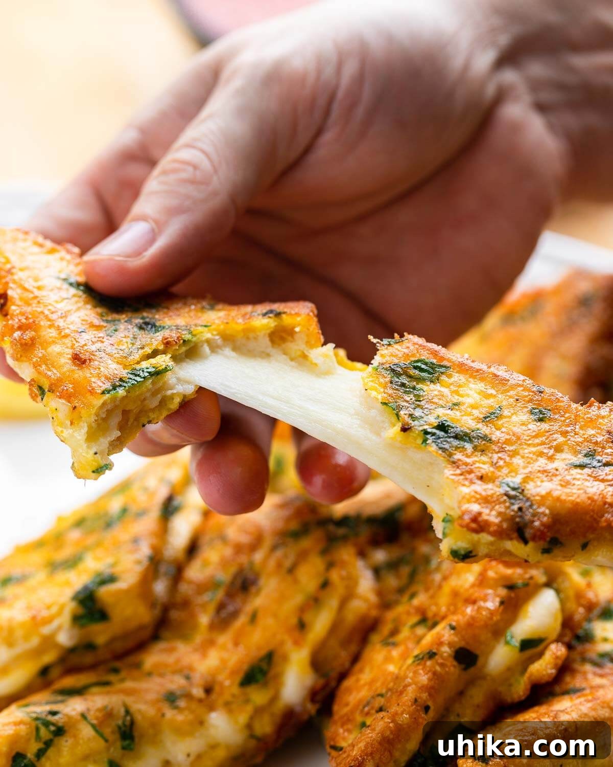 Golden Fried Mozzarella Toast 9 A close-up shot of hands pulling apart a fried mozzarella sandwich, revealing the stretching, melted cheese inside.