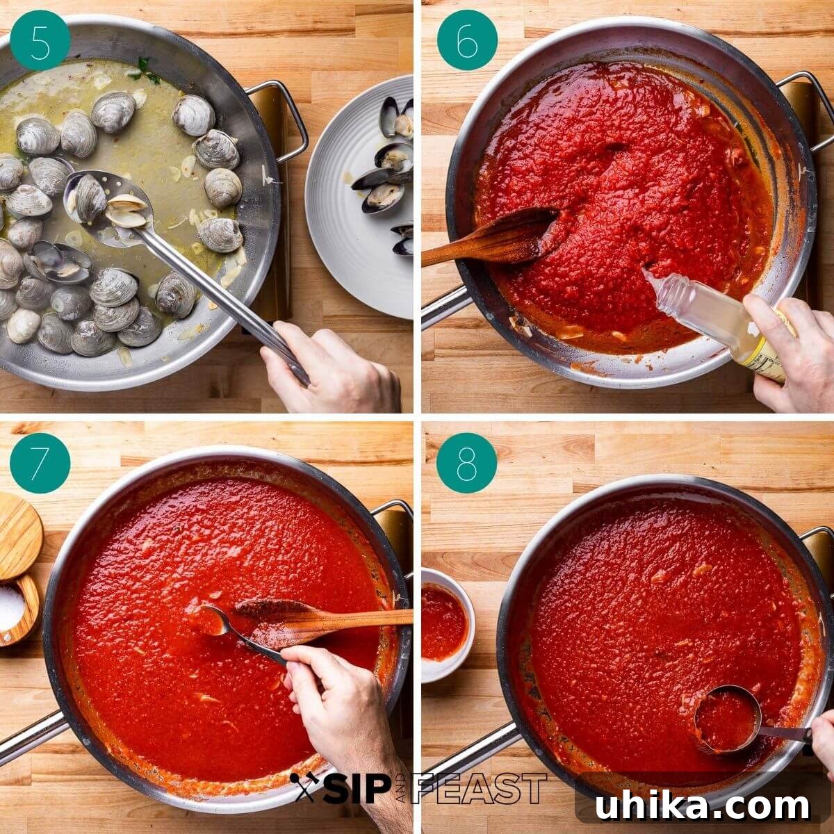 Clam Linguine Delight 5 A collage showing the mid-process steps of the red clam sauce recipe, including adding wine to clams and preparing the tomato base.