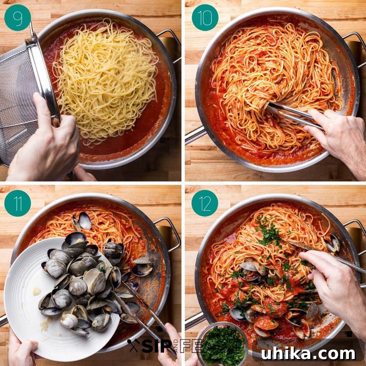 Clam Linguine Delight 6 A collage illustrating the final steps of preparing linguine with red clam sauce, including tossing the pasta with sauce and adding clams back to the pan.