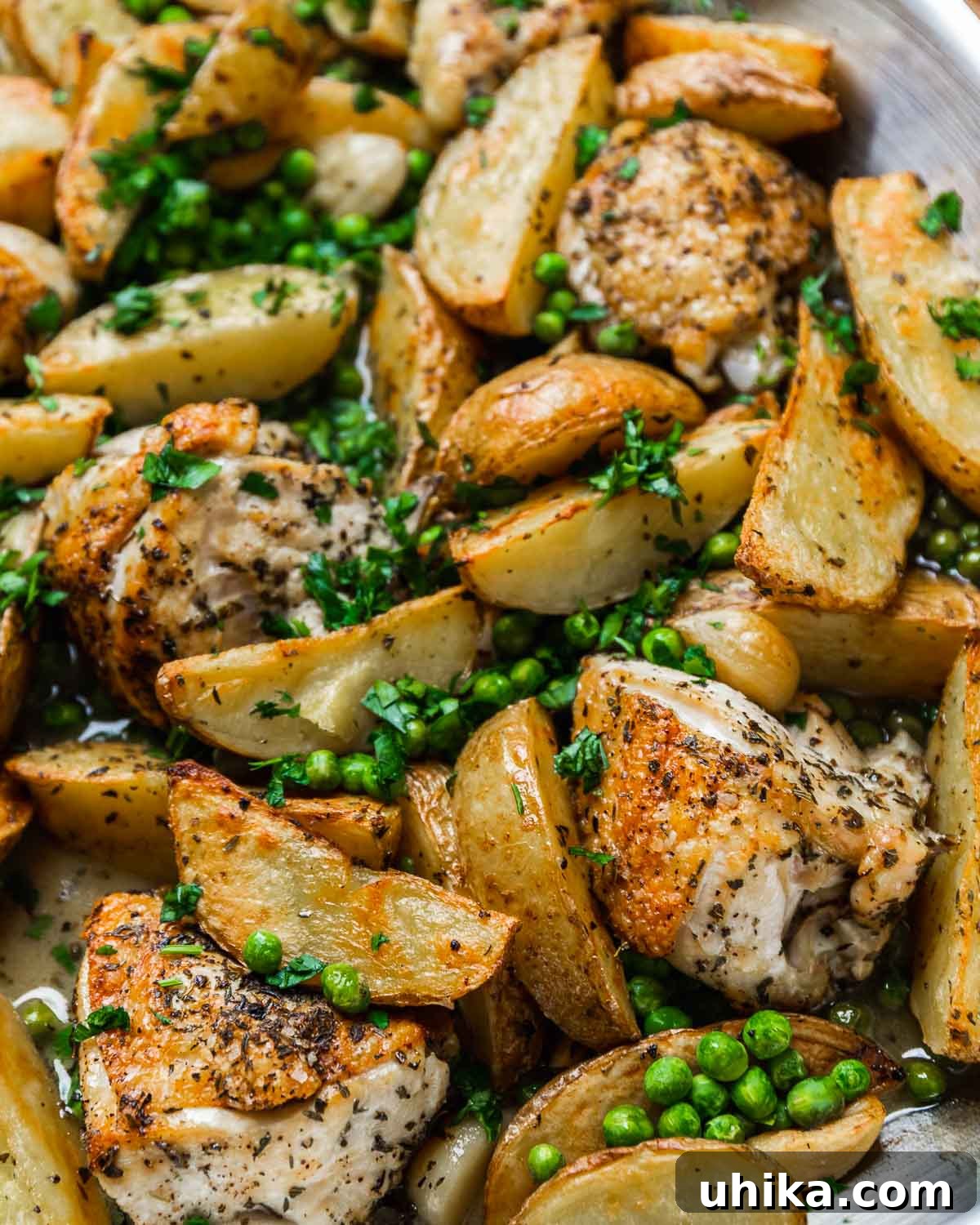 Italian Roasted Chicken & Potatoes 2 Chicken Vesuvio, a classic Italian-American dish, featuring whole chicken pieces, vibrant green peas, and fresh parsley, all bathed in a golden sauce.