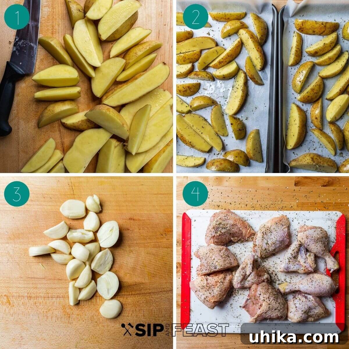 Italian Roasted Chicken & Potatoes 4 Chicken Vesuvio recipe process showing a collage of prepared ingredients: potato wedges on a baking sheet, sliced onion, and seasoned raw chicken pieces ready for cooking.