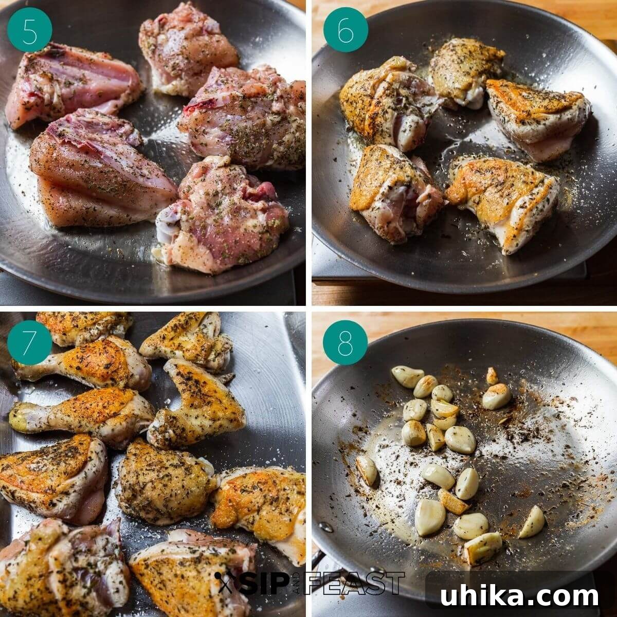 Italian Roasted Chicken & Potatoes 5 Recipe process shot collage showing chicken pieces searing to a golden crisp in a frying pan, alongside aromatic garlic cloves simmering in the same pan.
