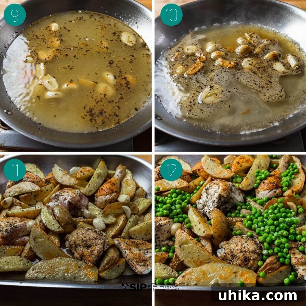 Italian Roasted Chicken & Potatoes 6 Recipe process collage showing the stages of sauce preparation with garlic, white wine, and chicken stock in a fry pan, and then combined with potatoes, chicken, and peas in a roasting pan.