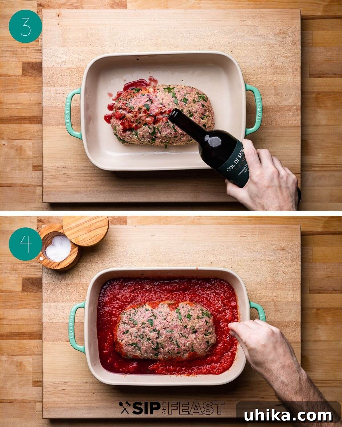 Recipe process shot collage group two, showing the meatloaf shaped in a baking dish with red wine and tomatoes added.