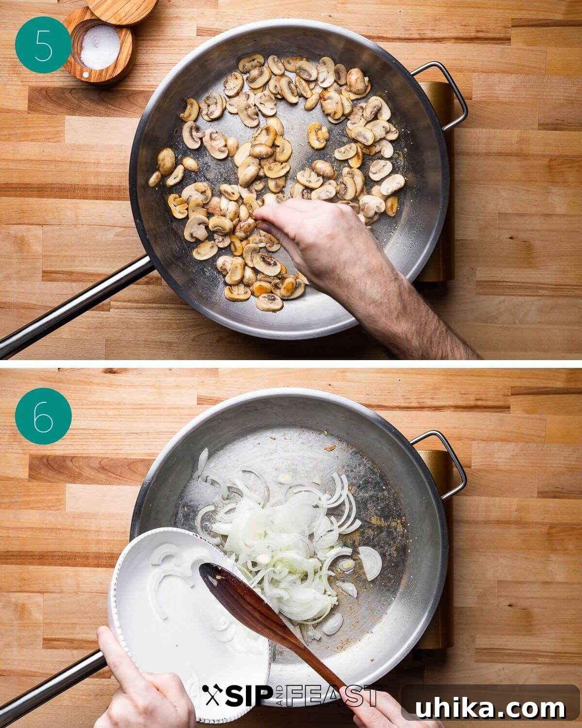 Recipe process shot collage group three, illustrating the mushrooms being sautéed in a pan until golden brown.