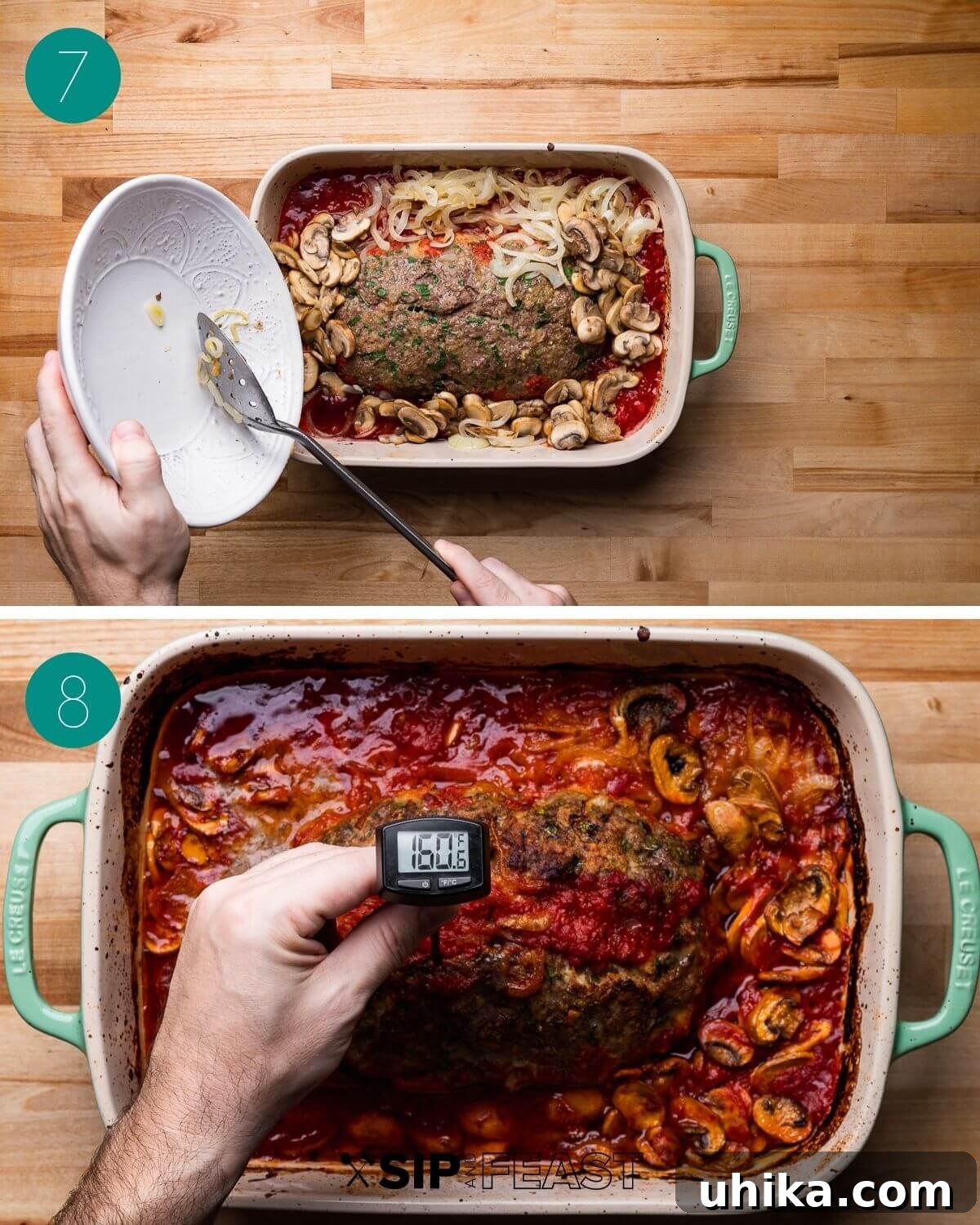 Recipe process shot collage group four, showing mushrooms and onions being added to the meatloaf in the baking dish for the final baking stage.