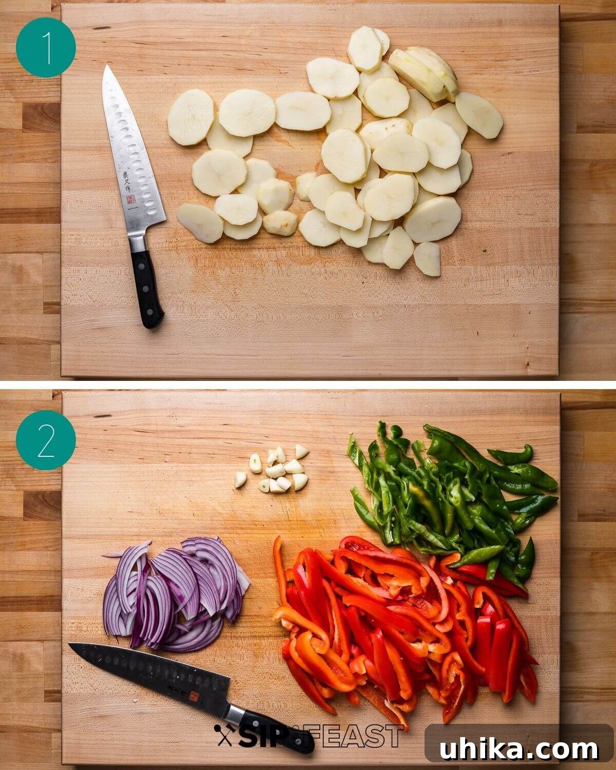Calabrian Potatoes and Peppers 4 Process shot showing uniformly sliced Yukon Gold potatoes, ready for cooking.