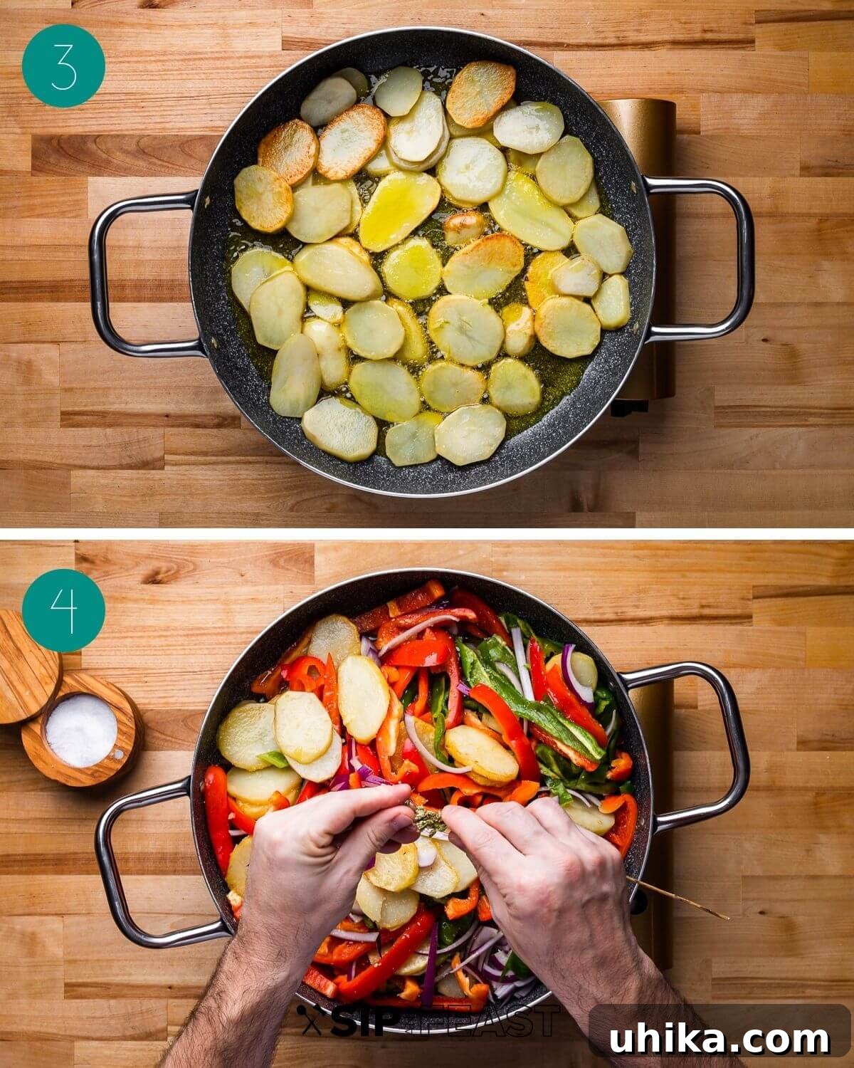Calabrian Potatoes and Peppers 5 Process shot collage showing sliced red onion, garlic, and peppers, followed by potatoes sautéing in olive oil.
