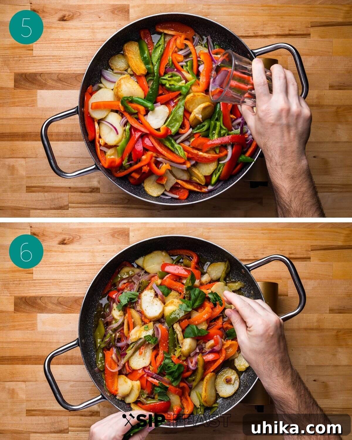 Calabrian Potatoes and Peppers 6 Process shot collage depicting peppers, onions, and garlic added to potatoes, followed by water addition and covering the pan with a lid.