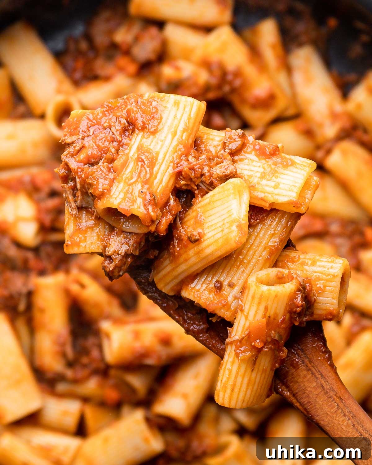 Braised Lamb Ragu with Rigatoni 2 Wooden spoon holding rigatoni with lamb sauce, topped with grated cheese.