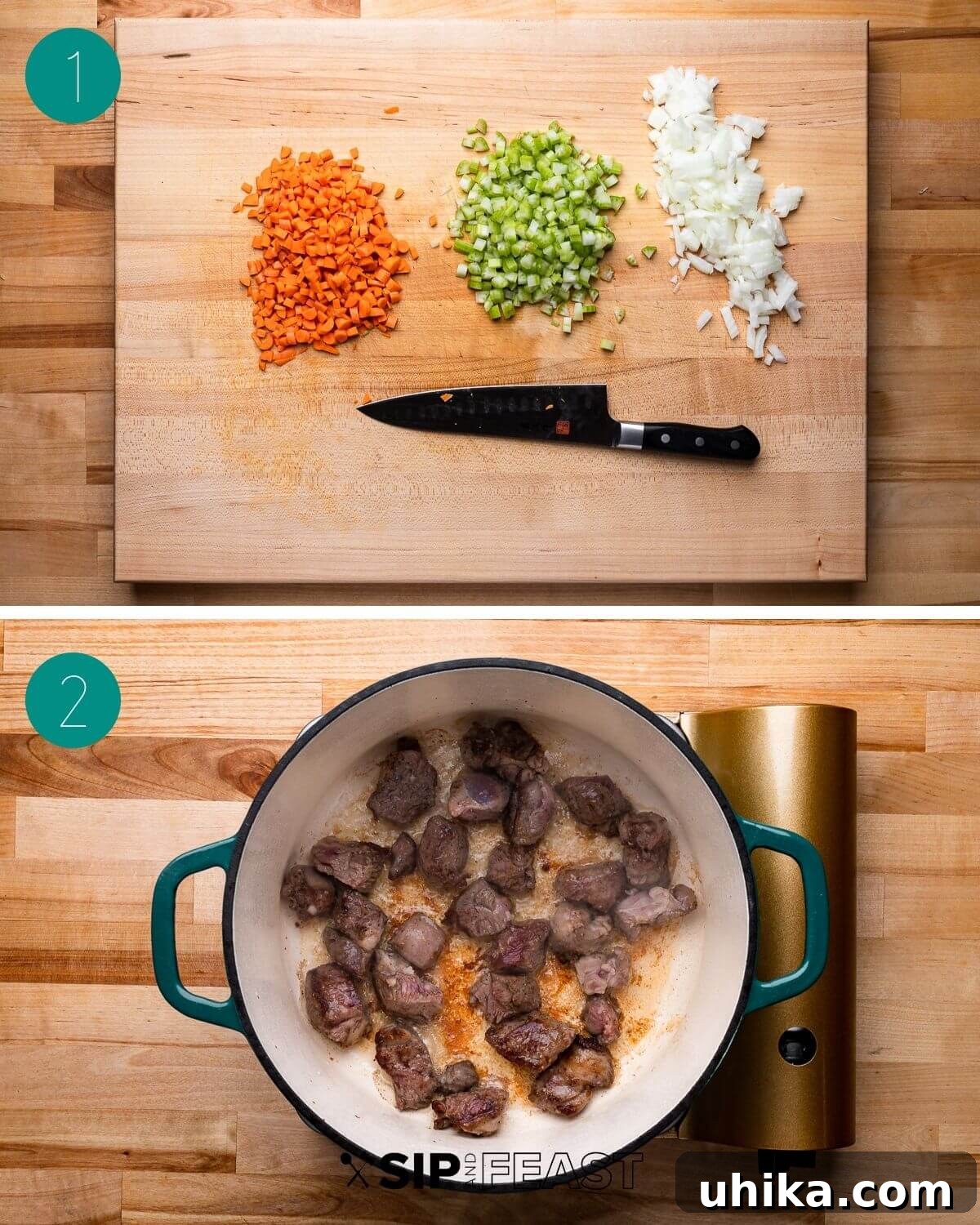Braised Lamb Ragu with Rigatoni 4 Process shot collage showing cubed lamb, diced vegetables, and searing lamb in a Dutch oven.