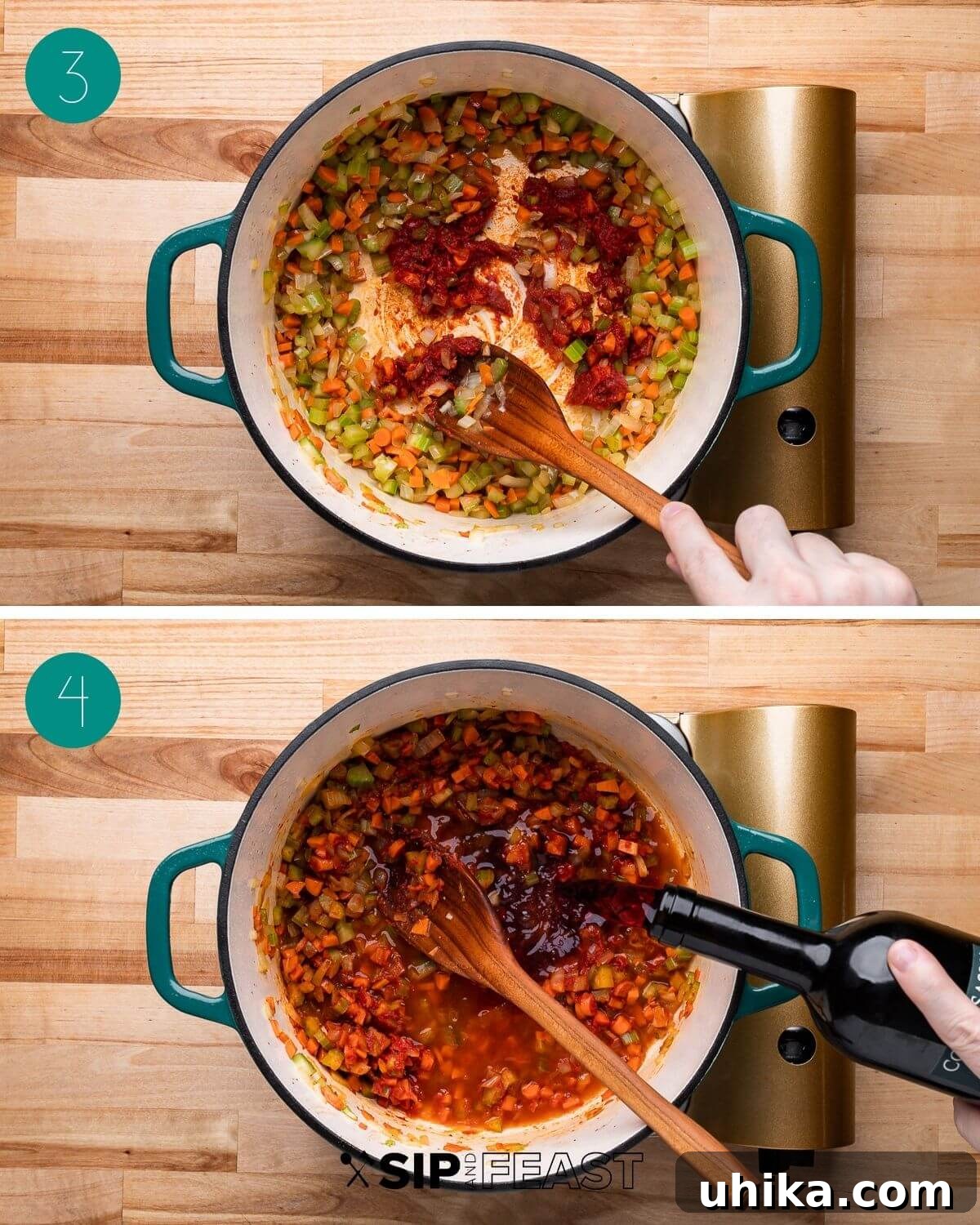 Braised Lamb Ragu with Rigatoni 5 Recipe process shot collage showing sautéed vegetables, tomato paste, wine, stock, and crushed tomatoes.
