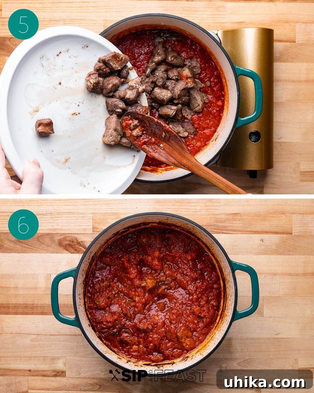 Braised Lamb Ragu with Rigatoni 6 Recipe process shot collage showing braised lamb ragu in Dutch oven, rigatoni boiling, and ragu with pasta.