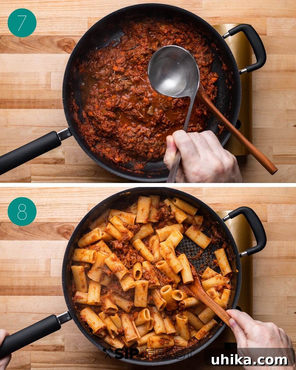 Braised Lamb Ragu with Rigatoni 7 Recipe process shot collage showing pasta tossed with ragu, and the final dish served.