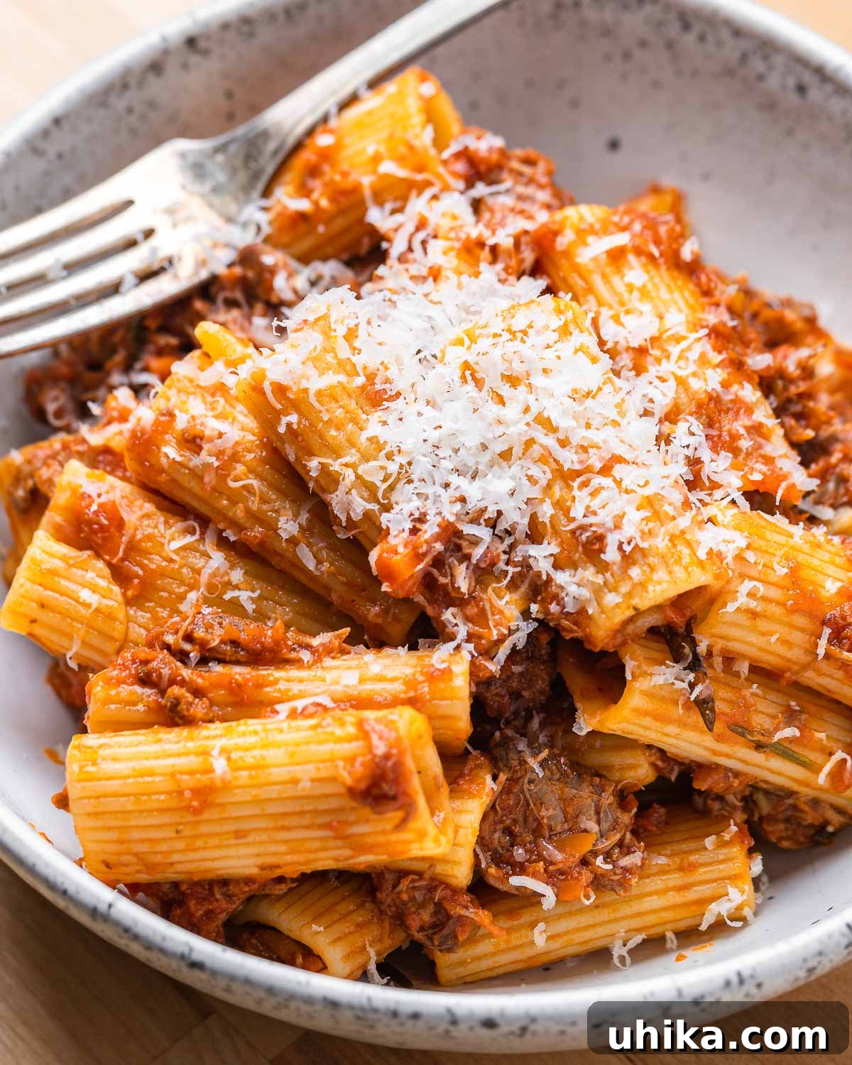 Braised Lamb Ragu with Rigatoni 9 Rigatoni with lamb ragu in a white bowl, garnished with fresh herbs.