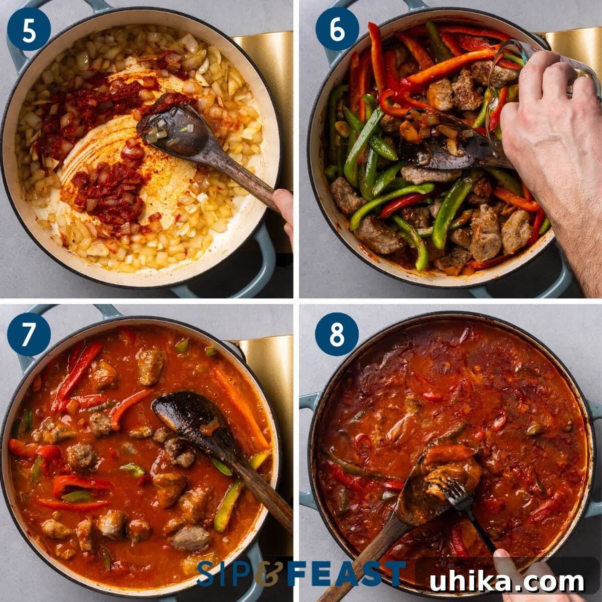 Timeless Veal and Peppers 6 Recipe collage showing cooking tomato paste, adding veal and peppers, simmering, and checking veal tenderness.