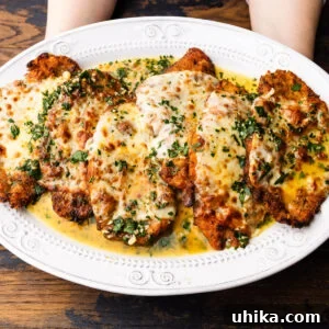 Ultimate Garlic Chicken Scampi 9 Hands holding platter of chicken scampi.