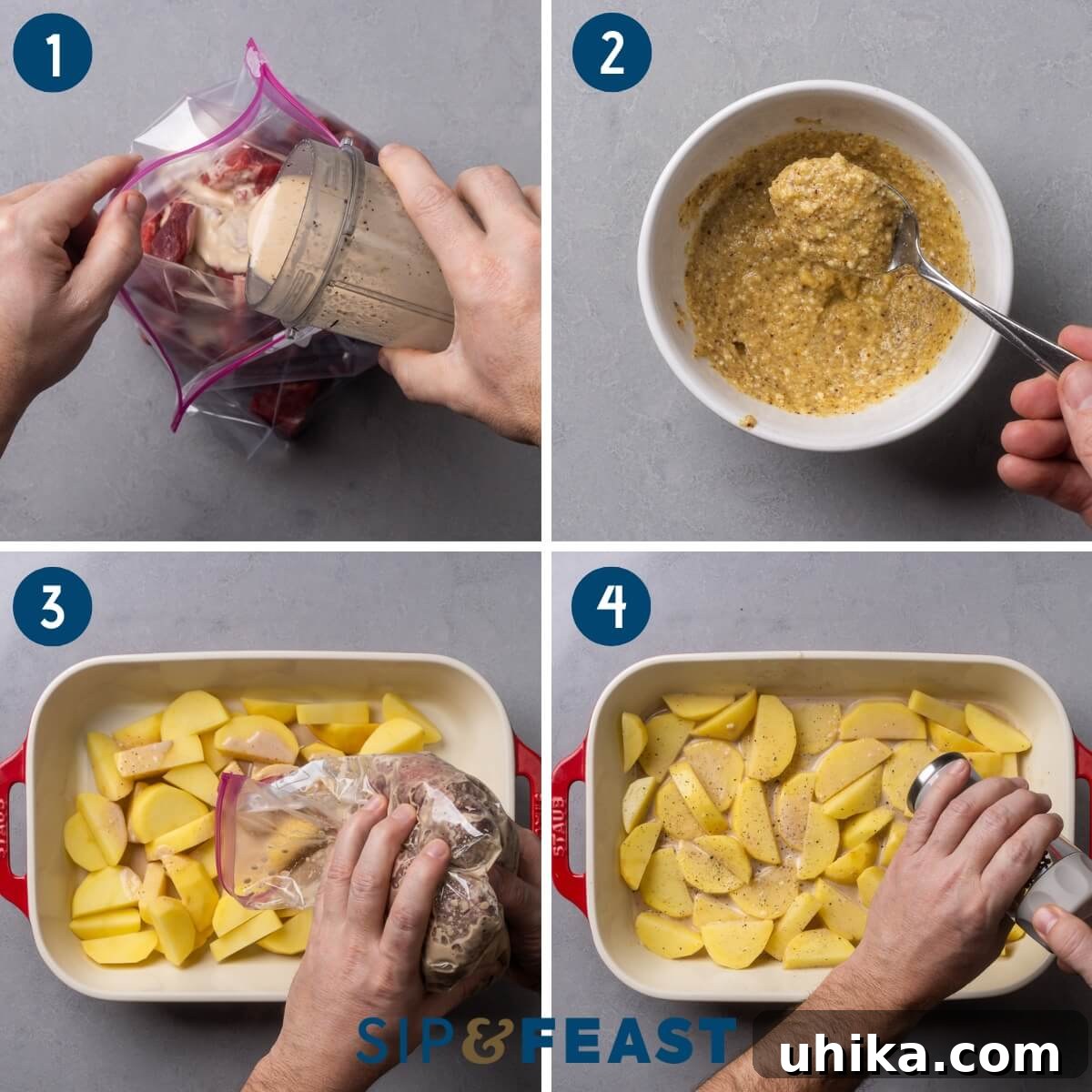 Sheet Pan Parmesan Steak & Crispy Potatoes 5 A collage of process shots for parmesan steak and potatoes, showing steak marinating, garlic parmesan paste being made, and potatoes being seasoned.