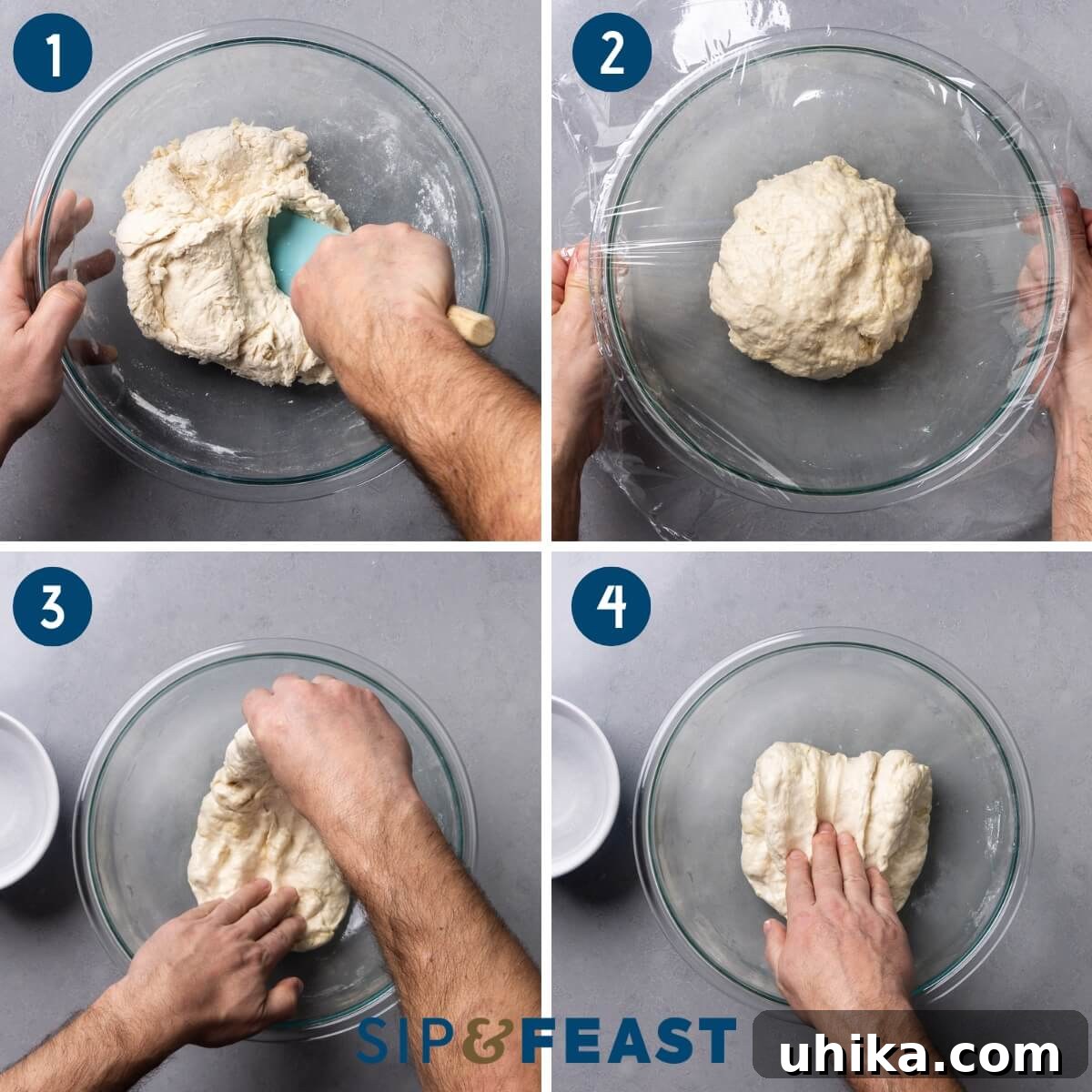 Pillowy Detroit Pizza 5 Recipe process shot collage group one showing mixing the dough, covering the dough, and stretching the dough in a bowl.