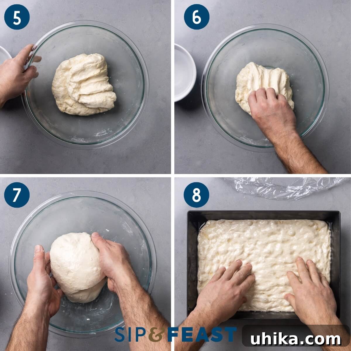 Pillowy Detroit Pizza 6 Collage two showing rotating the bowl, bowl folding, balling the dough, and stretching the dough in the pan for Detroit pizza.