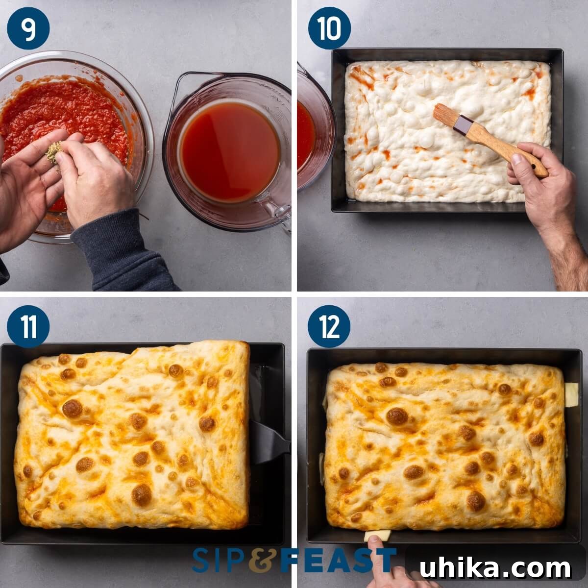 Pillowy Detroit Pizza 7 Collage three showing mixing oregano into the strained tomatoes, brushing tomato liquid onto the dough, checking the bottom of the baked dough for color, and placing sliced cheese around the edge of the pan for Detroit pizza.