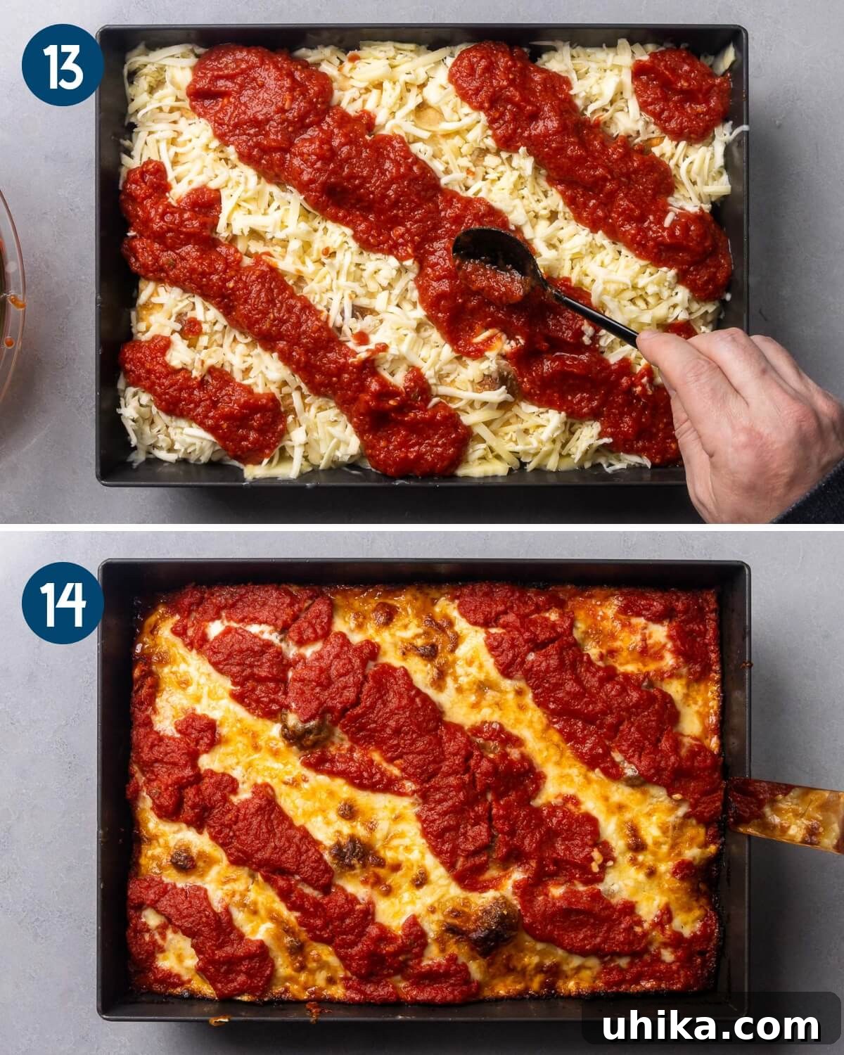 Pillowy Detroit Pizza 8 Collage four showing spreading the sauce in stripes and the finished baked Detroit pizza, sliced.