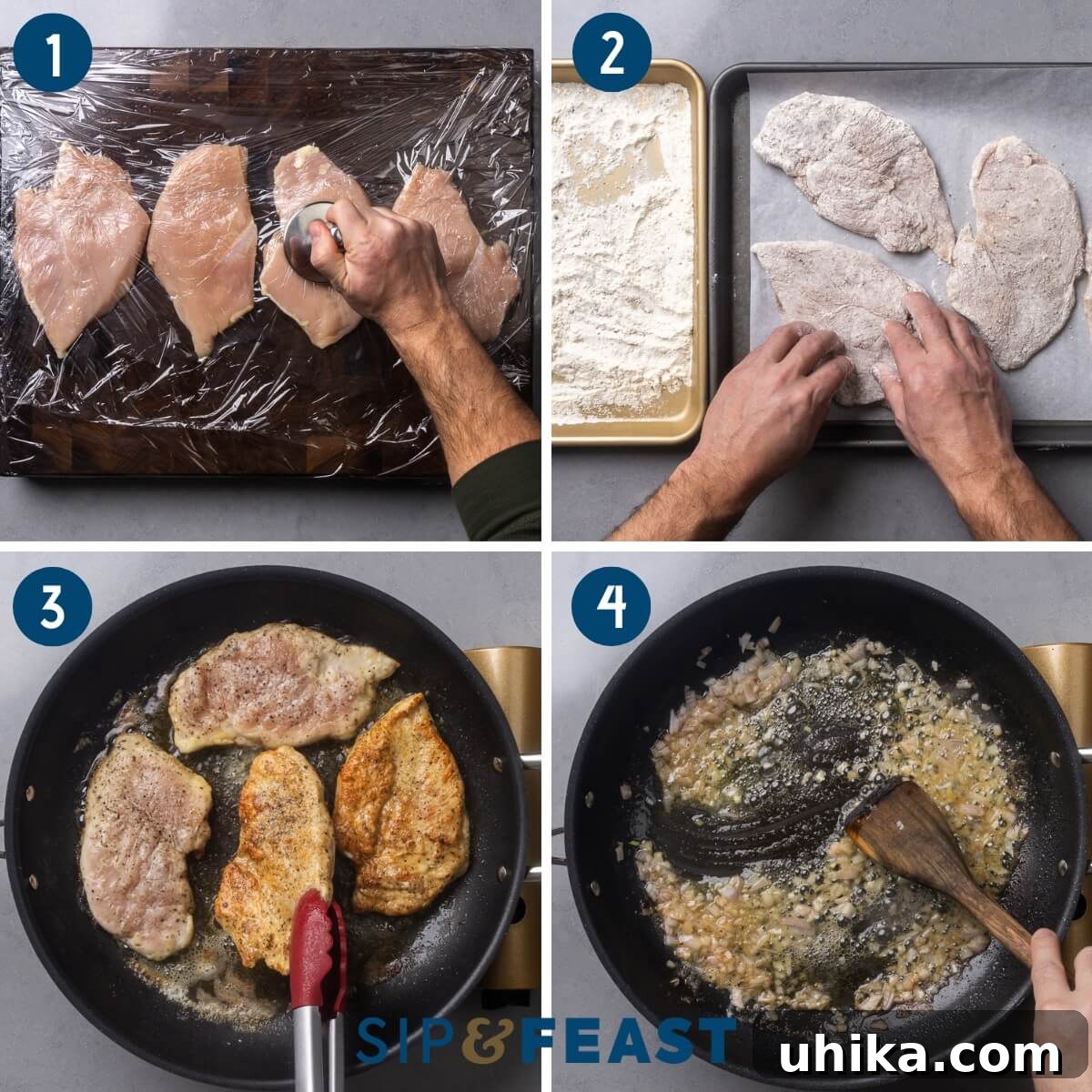 Zesty Lemon Pepper Chicken in Minutes 5 A four-panel collage showing the preparation steps: pounding chicken, dredging in flour, searing chicken in a pan, and sautéing shallots.