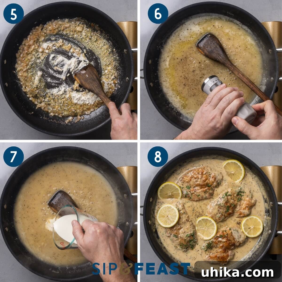 Zesty Lemon Pepper Chicken in Minutes 6 A two-panel collage showing the sauce preparation: adding flour to the pan, seasoning the sauce with pepper and lemon, adding cream, and returning the seared chicken to the creamy sauce.