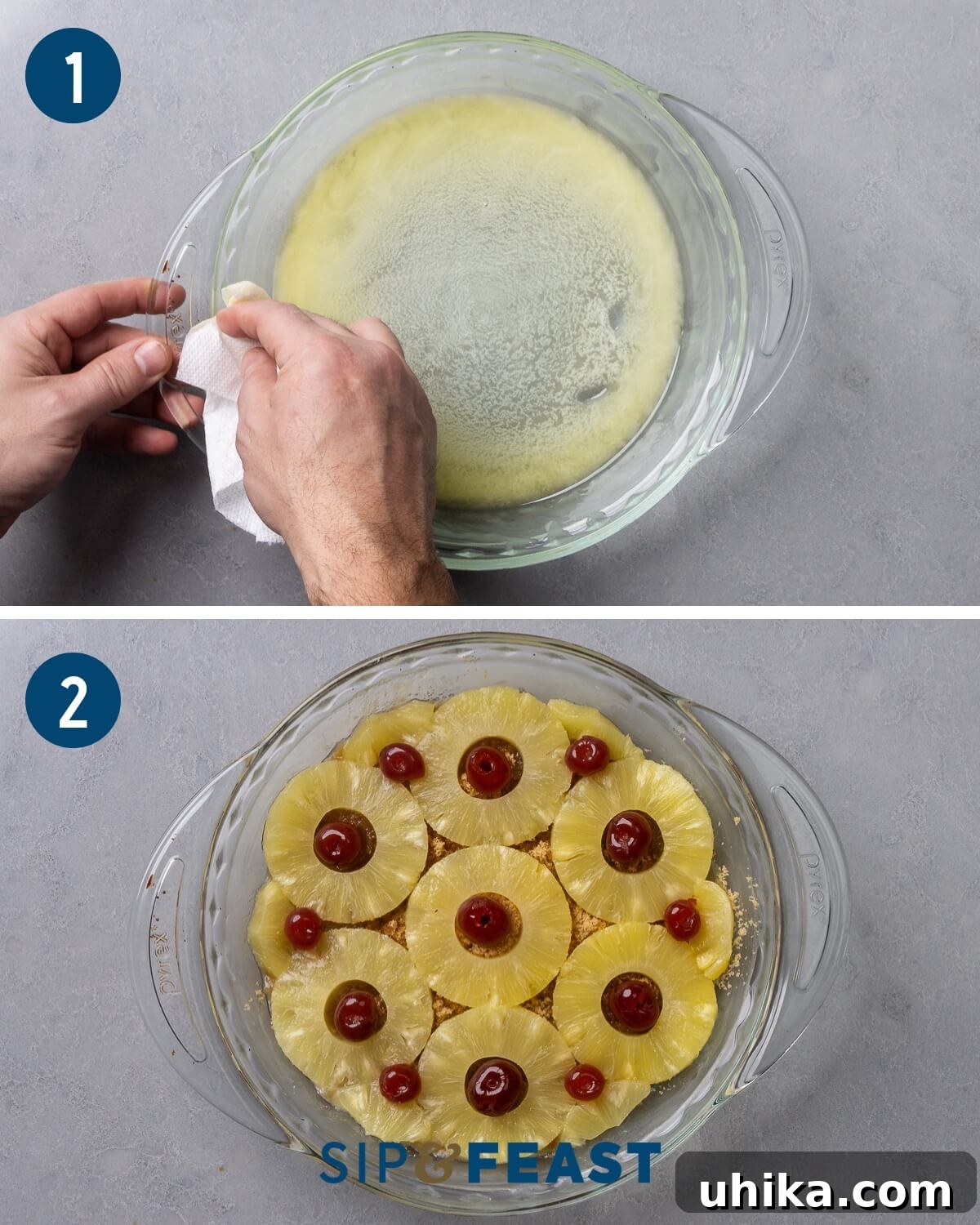 Golden Pineapple Delight 5 Recipe process shot collage group one showing pouring melted butter into baking dish and placing the pineapples and cherries on top of brown sugar.