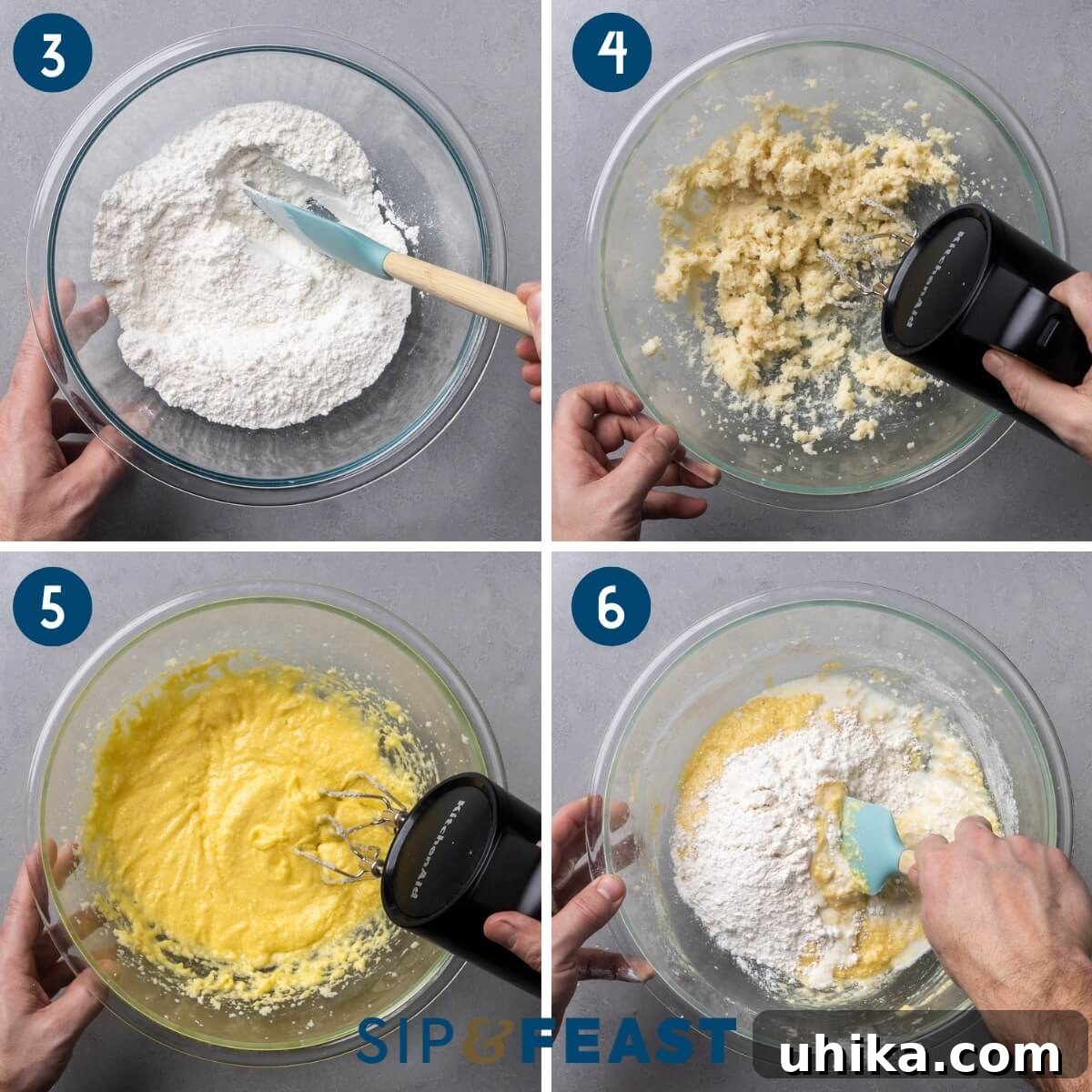 Golden Pineapple Delight 6 Collage two showing mixing the dry ingredients, creaming the butter, mixing the cake batter, and folding the flour into the batter.
