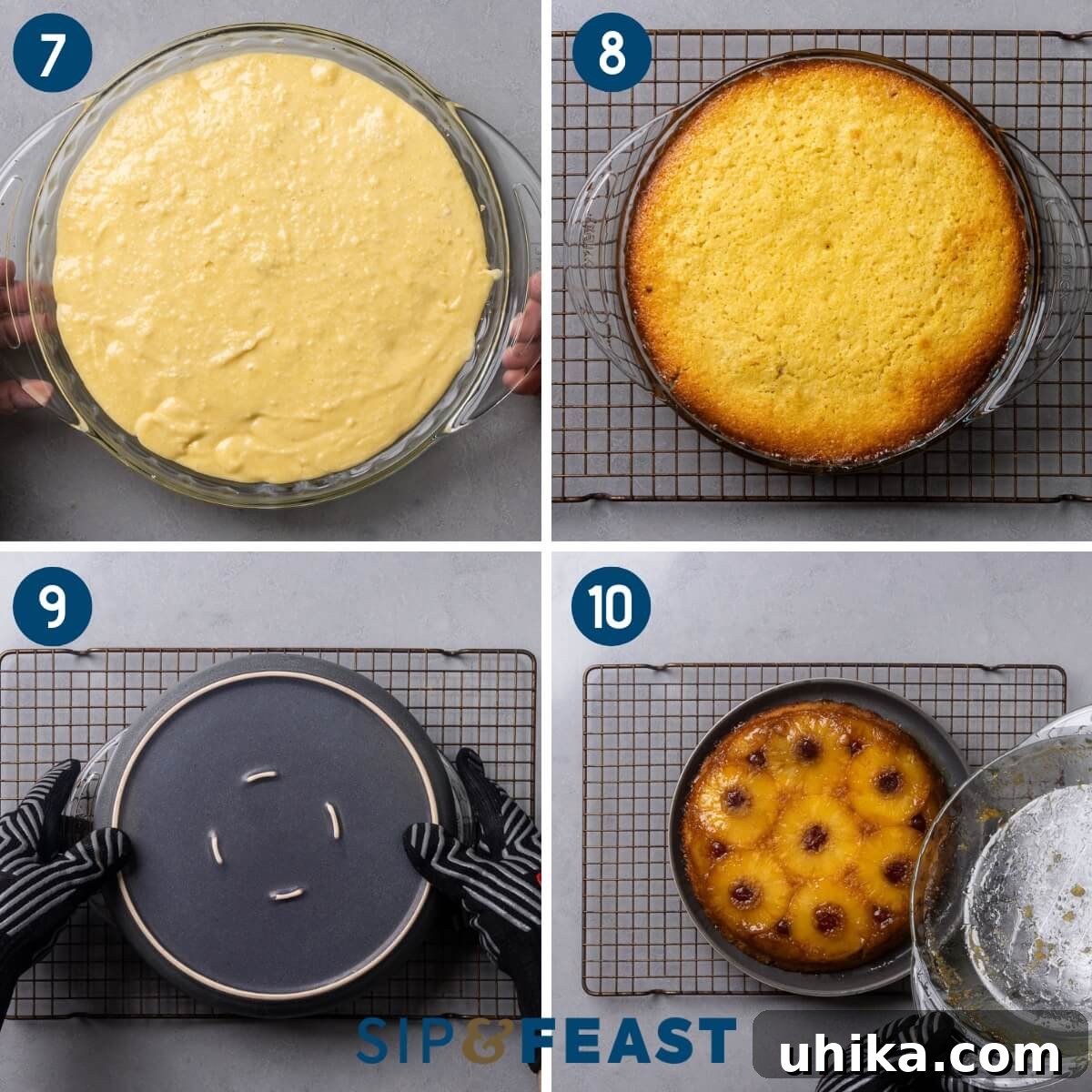 Golden Pineapple Delight 7 Collage three showing the poured batter in pie dish, the baked cake resting on wire rack, and flipping the cake into a dish.