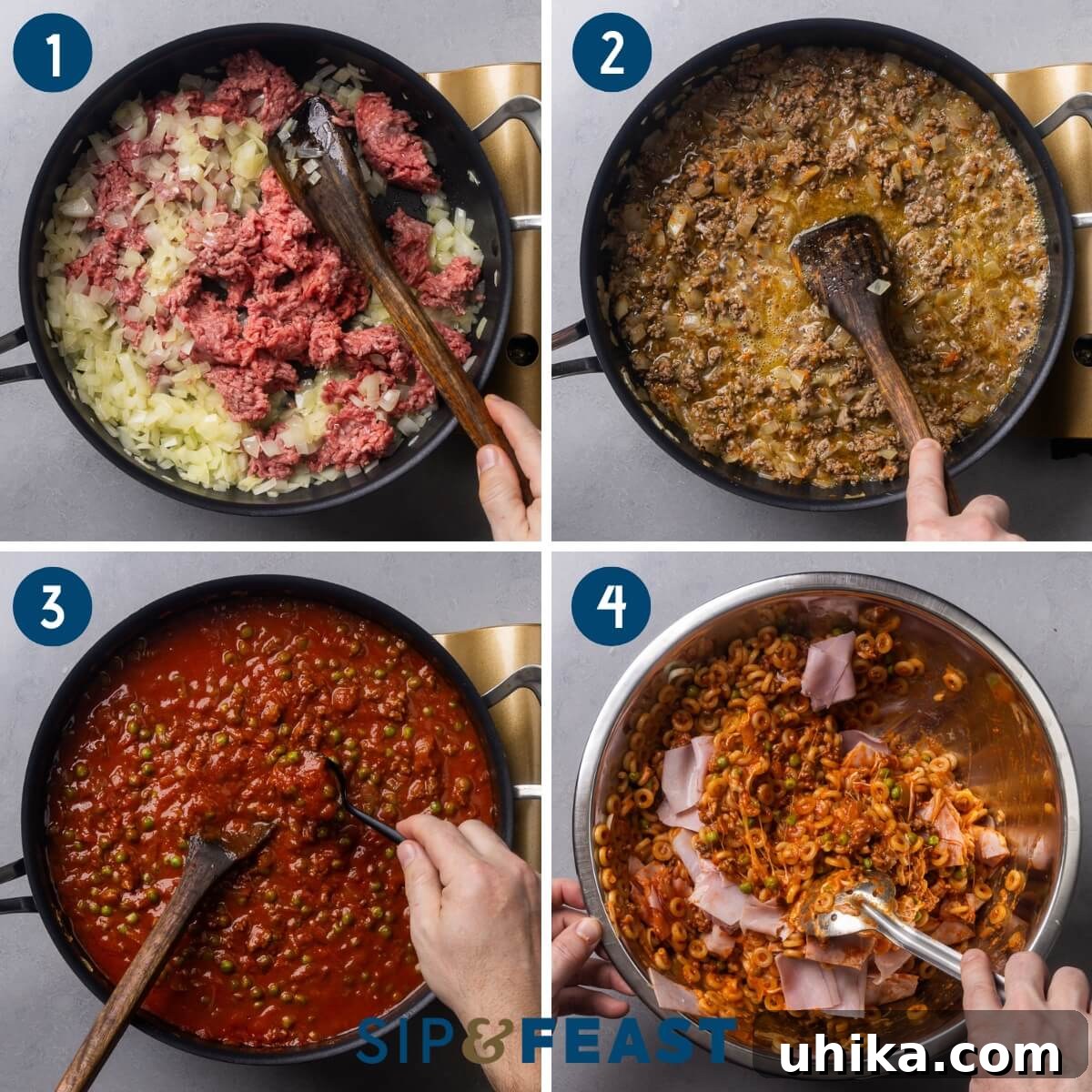 Baked Anelletti from Sicily 5 Collage showing the first steps of Anelletti al Forno preparation: sautéing onions, browning ground beef, simmering with wine, mixing pasta with sauce and ham.