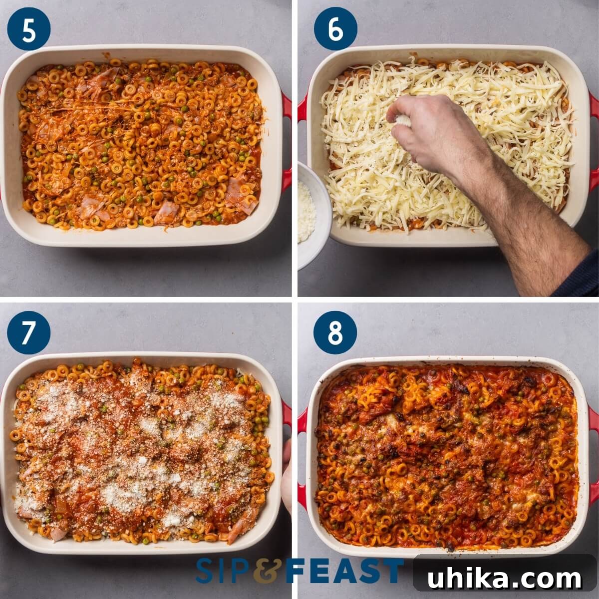 Baked Anelletti from Sicily 6 Collage showing the layering process of Anelletti al Forno: adding pasta to the baking dish, topping with shredded mozzarella and Caciocavallo, adding the second pasta layer, more cheese and sauce, and the final baked dish.