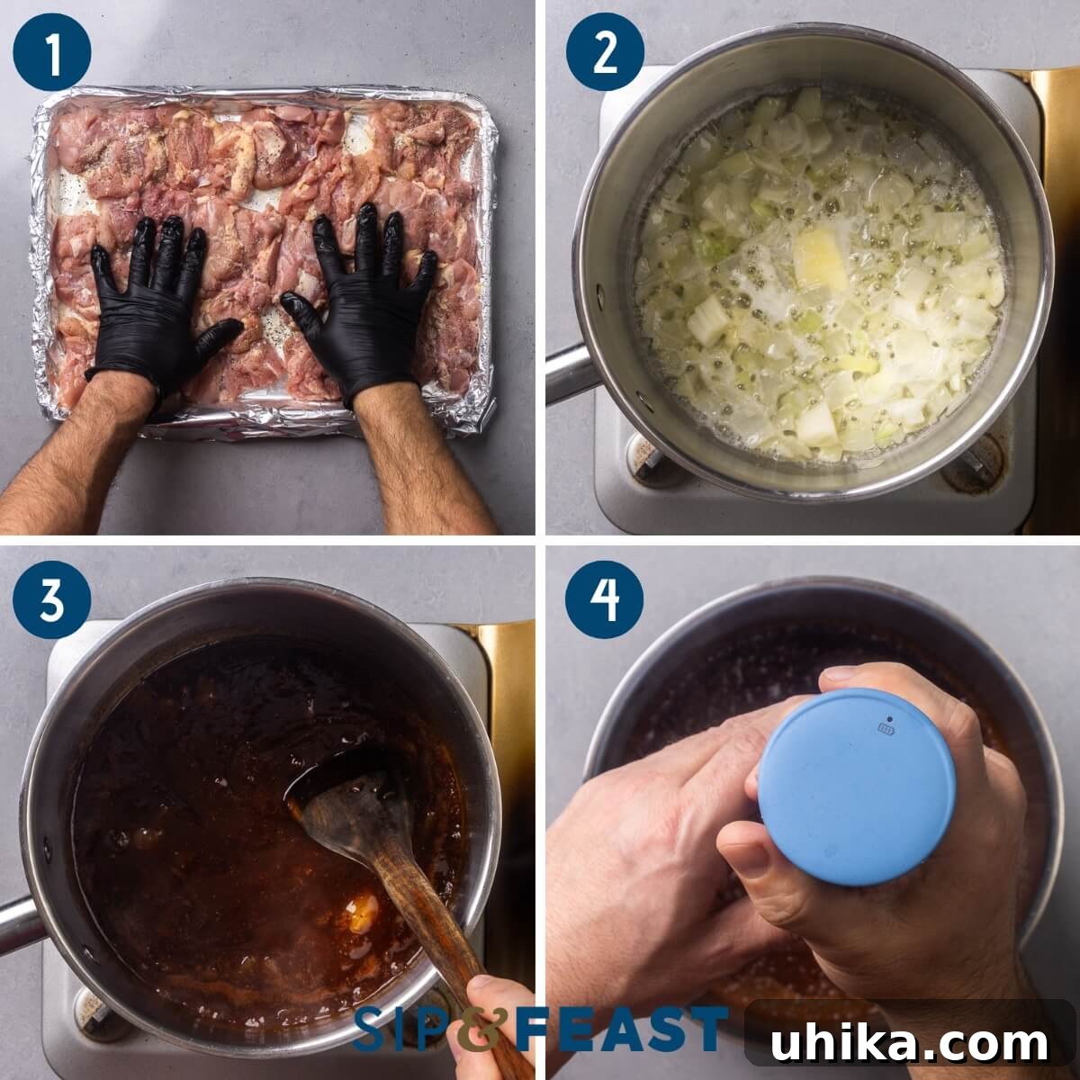 Perfectly Glazed Oven BBQ Chicken Thighs 5 A collage showing the cooking process: seasoning chicken, sautéing onions, mixing BBQ sauce ingredients, and pureeing the sauce with an immersion blender.