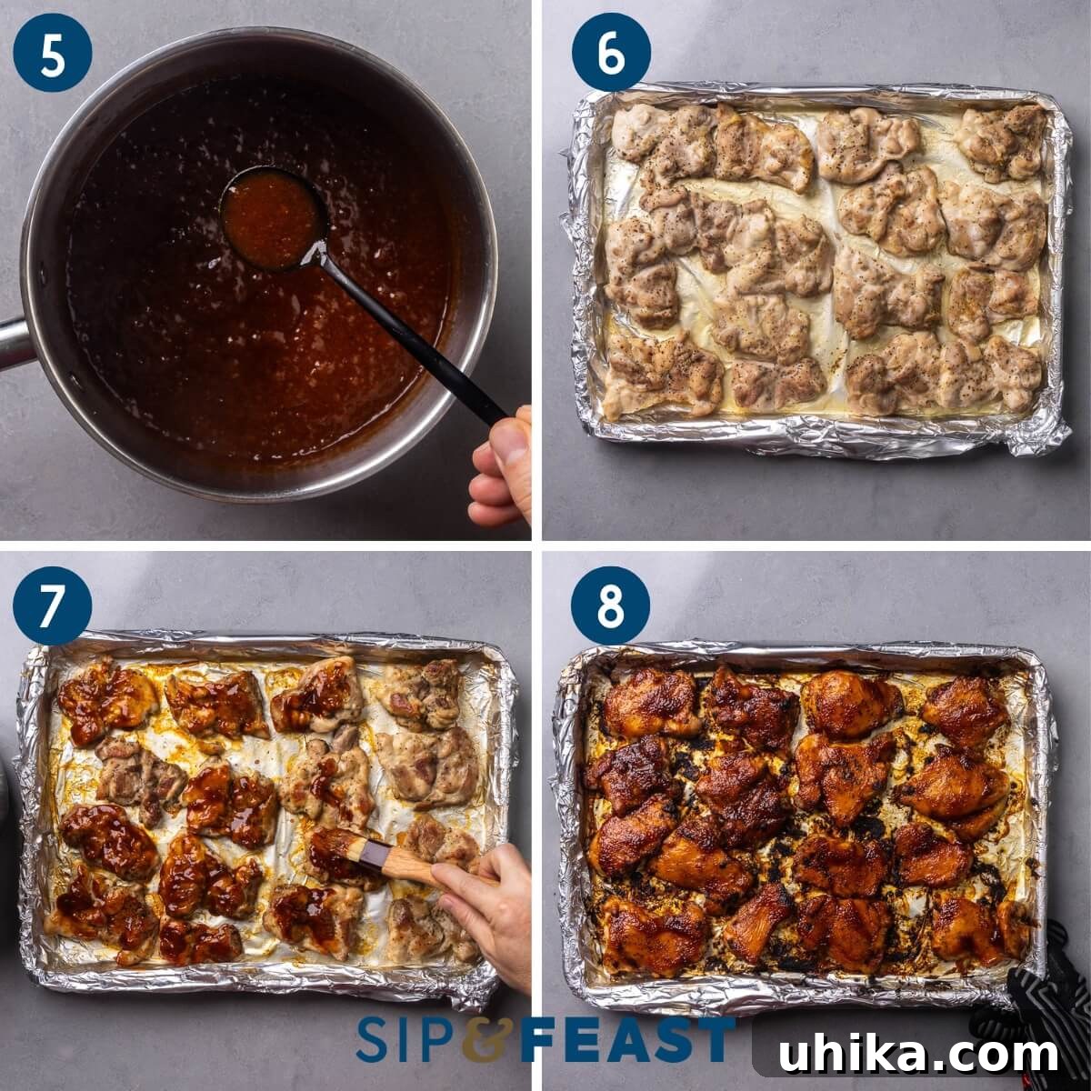 Perfectly Glazed Oven BBQ Chicken Thighs 6 A second collage showing the cooking process: tasting the BBQ sauce, partially baked chicken thighs, basting the chicken with sauce, and the final beautifully caramelized chicken thighs.